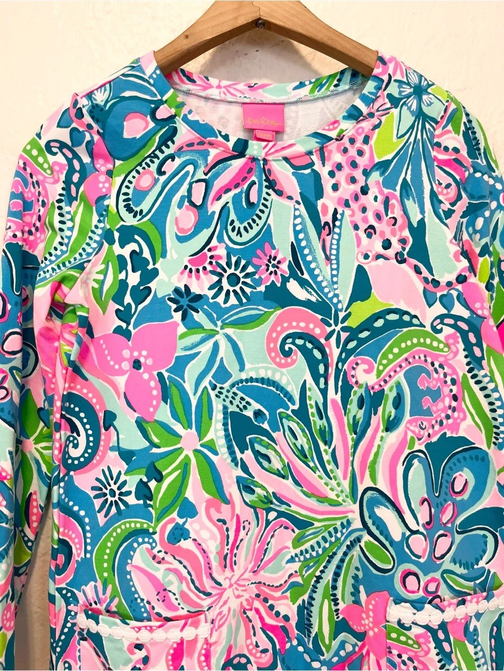 Lilly Pulitzer XL Dress Blue Pink Floral Vira Tropical Long Sleeve